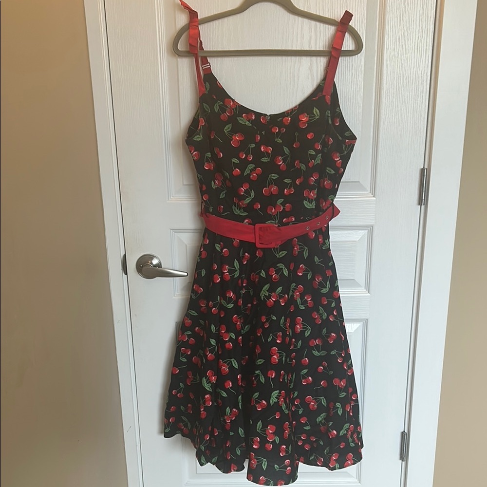 Charming Cherry Print Dress with Red Accents - Hell Bunny
